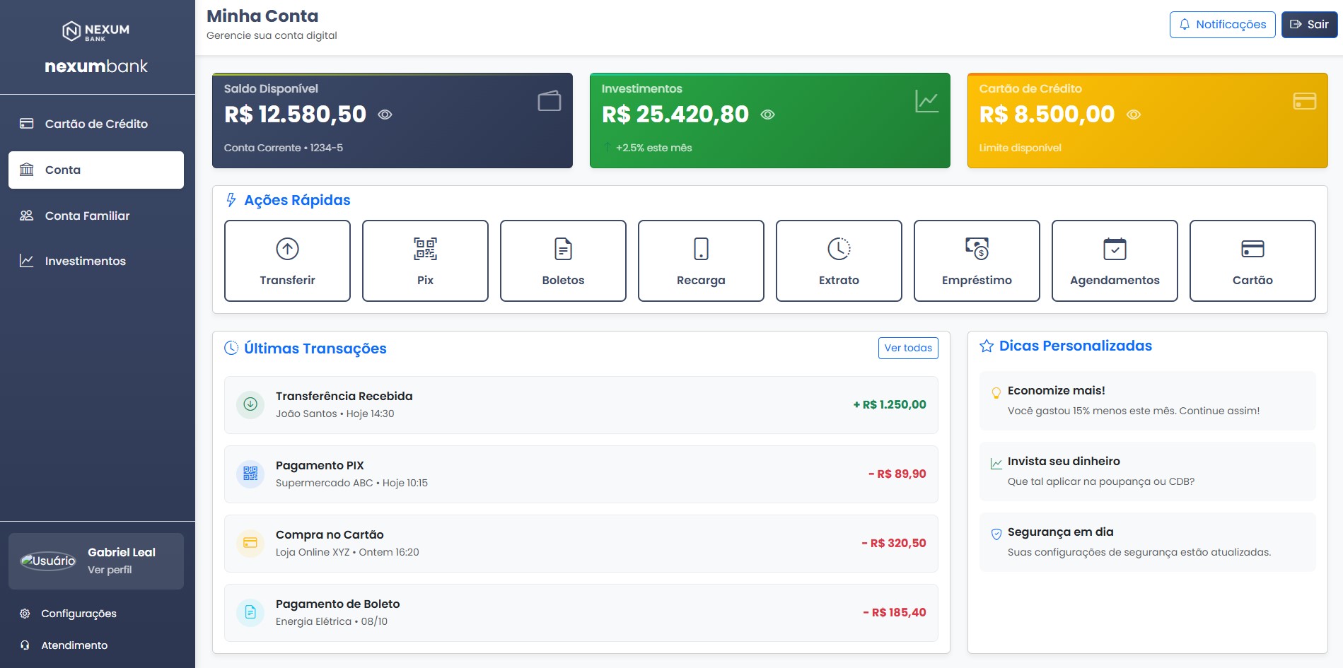 Preview da tela inicial da NexumBank